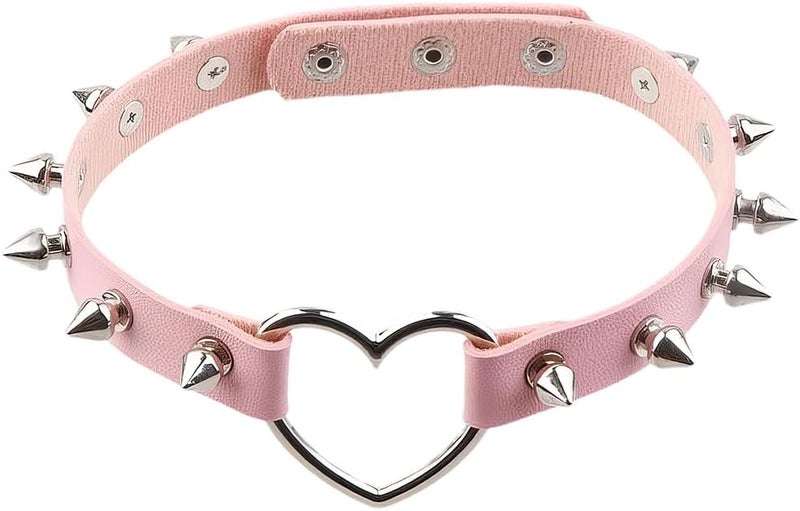 CALFOVERA Gothic Studded Rivets Choker Collar Punk Rock Alloy Hollow Love Heart Necklace Cosplay PU Leather Spiked Choker Jewelry Collar Chain Necklace Decorations for Women Party Cosplay Decorations (Pink) - Image 1